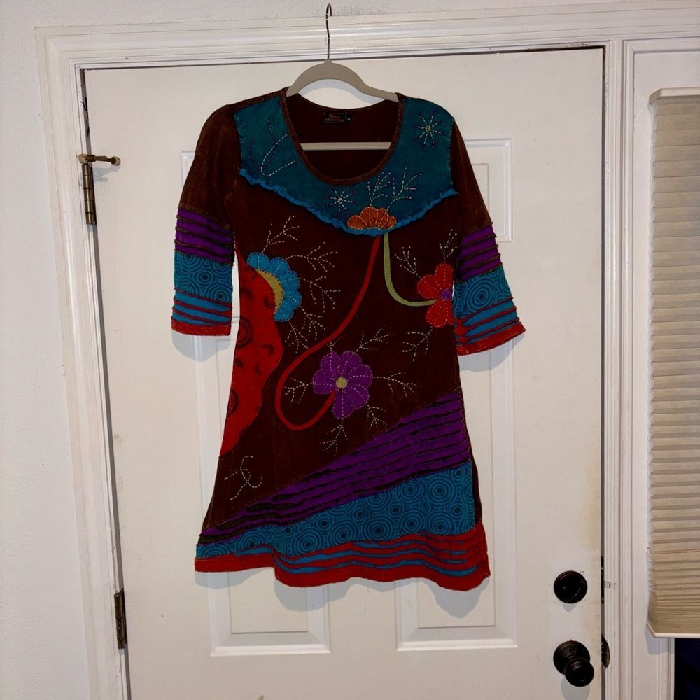Rising International Hand Embroidered Artsy Tunic Dress Floral Patchwork